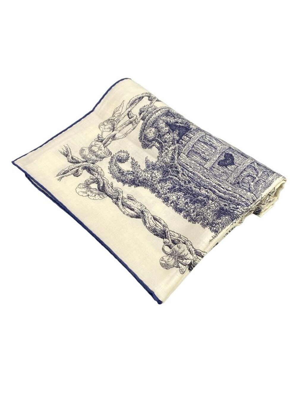 Hermes Shawl Carre Geant 140 Ivory Navy les Cabanes Cashmere Silk Scarf